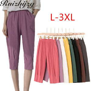 Ruizhijzg L-3XL Seven points Shorts Women Knee Length with Pocket Cotton Linen Summer Thin Breathable Summer Elastic  Wasit Ladies Loose Wide Leg Office Work Home Wear Beach Short Pants Plus Size Korean Style Black