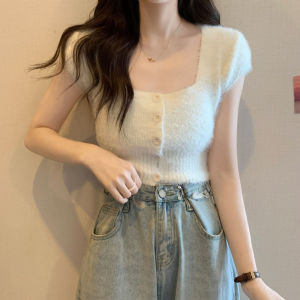 【24H Delivery】Square Neck Short Sleeve Knit Sweater Sweet Hot Short Slim Fit All-match Crop Top