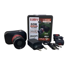 Senter Kepala Zoom 60W LUBY L-2912L / L-2912K | Headlamp Led Laser Cahaya Putih / Kuning Super Terang Baterai Litihium 3600mAh Tahan Hingga 72Jam Waterproof ~TFA