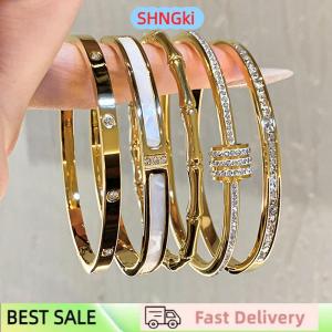 SHNGki High-end 18K Golden Titanium Steel Non-Fade Bracelet Female Plain Ring Zircon Bracelet Light Luxury Niche Bracelet