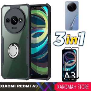 Promo Paket 3 in 1 Case Xiaomi Redmi A3 2024 / Redmi 12 2023 / Redmi A2 / Redmi A1 2022 Free Holder Ring Black Bumper Premium Case Armor Transparent + Black Edge Screen Protector + Garskin Carbon Transparan