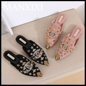 MANXIXI Women Fashion Loafers Slippers Beautiful Pearls Inlay Flat Mules Sandals (Size 35-41)