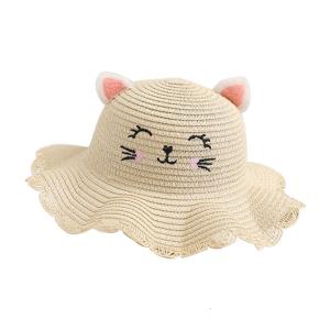 Lovely Design Kids Summer Straw Hat Cat-ear Shaped Cap Smile Face Wide Brim Girls Straw Sun Hat with Matching Handbag