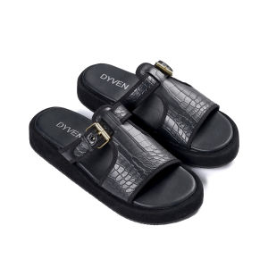 DYVEN Sandal Slide Platform Wanita Wedges Kekinian Kulit Croco Hitam