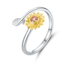 BAMOER Genuine 925 Sterling Silver Sunflower Open Finger Rings for Women Gold Color Daisy Flower Korea Style Jewelry BSR127