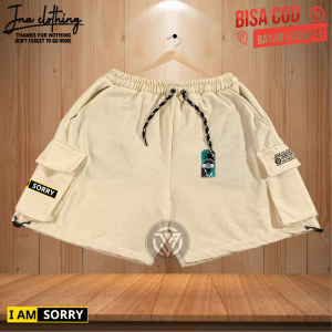 JNA Celana Cargo Pendek Pria Wanita Dewasa Terlaris Masa Kini Celana Santai Model saku Samping Sablon IM SORRY Bahan Flece Adem Nyaman