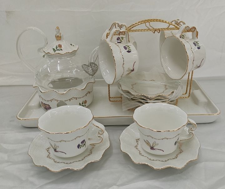 BỘ ẤM CHÉN KÈM KHAY VÀ BẾP CHÂM TRÀ CAO CẤP HỌA TIẾT HOA HỒNG NỔI VÀ HOA TÍM