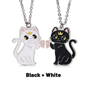 2pc Cute Cat Magnetic Necklace for Women Princess Heart Best Friend BFF Alloy Jewelry Cartoon Pendant