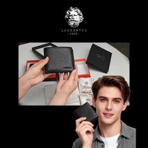 LAORENTOU Genuine Leather Men Short Wallet Card Holder with Zipper Pocket Gift for Husband Boyfriend2026