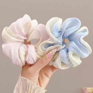 French Elegant Organza Scrunchie Hair Tie Set (2pcs) Pink & Blue Pearl Mesh Hair Band Korean Style Ponytail & Bun Holder HT03 Women Girl girls