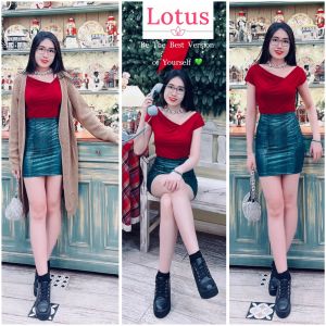 Lotus] Áo Kiểu Nữ Cổ Lệch Đẹp/ Áo Thun Đỏ Đô Ôm Body Tôn Dáng/ Áo Thun Tay Ngắn Phối Chân Váy Giáng Sinh Năm Mới Tết