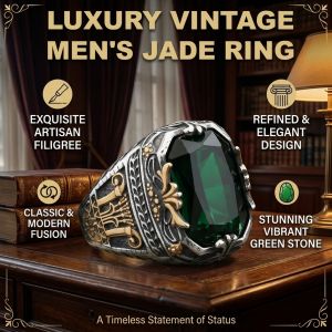 Vintage Mens Jade Gemstone Ring Luxury Retro Design Mens Fashion Jewelry Accessories Collection