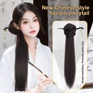 New Chinese Style Women Fake Hair Wavy Ponytail Hair Fake Hair Braid Volume Bun Extension Clip Hanfu Ancient Style Side Ponytail