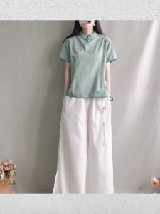 Vintage Jacquard Cotton Linen Shirt Zen Style Button Stand Collar Short Sleeve Womens Top