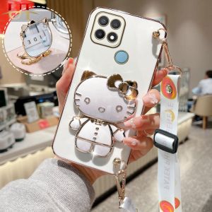 สำหรับ OPPO A5 A3S A15 A15S A96 A54 A16 A16K A16E A58 A76 A78แฟชั่นน่ารัก3มิติแต่งหน้า Hello Kitty กระจกเคลือบเคสมือจับสำหรับโทรศัพท์มือถือซิลิโคนนิ่มปกป้องด้านหลังด้วยสายคล้องแบบคาดตัว