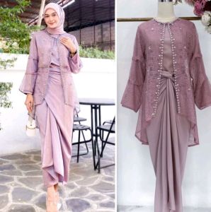 Clarissa Oneset Rok Lilit Baju Kondangan Bahan Satin Cardi Outer Brokat Seragam Bridesmaid