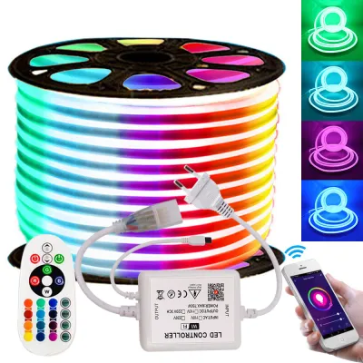 AceDeal [Support Lalamove Bulk Orders] RGB LED Neon Light Smart Strip Light Sync Music Changable Color Dimmable Bluetooth Control SMD2835 120Leds/M IP67 Waterproof Indoor Outdoor Neon Sign Flexible Ribbon Rope LED Strip Light