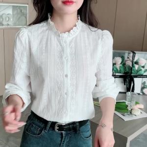 AMMIN 2025 Korean Style Fashion Ruched Stand Collar Long Sleeve Pure Cotton White Shirt for Women Autumn New Casual Floral Embroidery Design Single Breasted Elegant Blouse