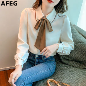 AFEG new Korean version contrast color bow fashion loose all-match temperament chiffon long-sleeved blouse for women