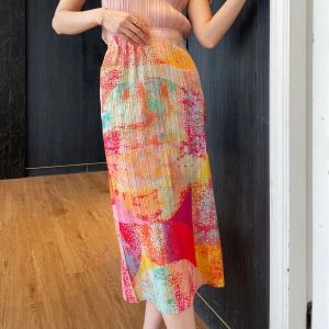 ✵ 1247 Aiden001 One Size Summer Pleated Temperament Commuting Slim Mid-Length Back Slit Printed Skirt