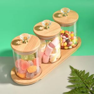 3Pcs/Set 400ml Glass Food Storage Tank with Bamboo Lid Kitchen Coffee Beans Candy Tea Grains Canister Home Snacks Nut Storage Jar