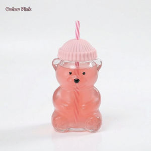 LOCAUPIN 560ML Borosilicate Glass Cute Bear Tumbler with Straw & Silicone Lid Water Bottle Portable Drink Cup for Juice