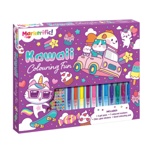 Markerific Kawaii Colouring Fun Book Gift Set With 4 Gel Pens 7 Markers & Stickers Boxset For Kids