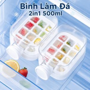 Bình Làm Đá Mini 2in1 | Khay Làm Đá Silicone Có Nắp Hộp Đựng Đá Viên Chống Đổ Rót Đá Tự Động