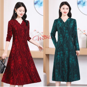 Váy thu đông trung niên cao cấp V64 - Đầm dài tay cho người lớn tuổi U50 U60 U70 tặng mẹ bà giá rẻ