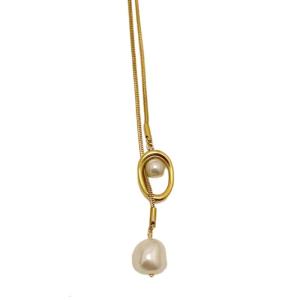 Sturdy Brass Adjustable Chain Baroque Pearls Pendant Long Necklace for Womens Fashion Sweater Chain Accessory