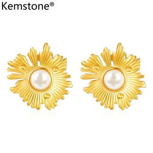 Kemstone Dramatic Irregular Sunflower Pearl Stud Earrings Trendy Stainless Steel Womens Statement Jewelry