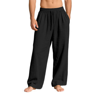<𝙇𝙖𝙯𝙎𝙜𝙈𝙖𝙡𝙡> Men’s Lightweight Linen Beach Pants Wide Leg Casual Trousers Breathable Elastic Waist Loose Summer Wear M-3XL