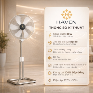 Quạt đứng HAVEN 89 công suất 55W điều khiển từ xa hẹn giờ 24 tiếng độ ồn thấp 40.5dB motor 100% đồng bộ màn hình LED lớn 5 cánh gió A5 siêu bền. Bảo Hành Chính Hãng 3 Năm