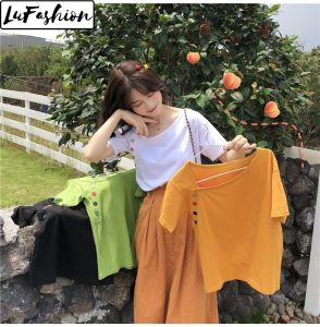 LuFashion Womens T-Shirts Summer Korean Irregular Short Sleeve Plain Casual Tops
