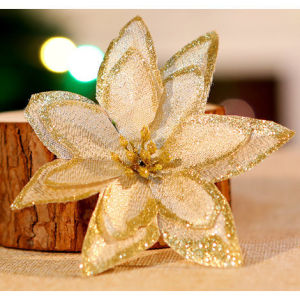 10 Pcs Set Glitter Christmas Flowers Poinsettia Flower With Sticks/Clips Gold and Red Flower Xmas Tree Decorations Wedding Party Flower Holiday Decoration 2024