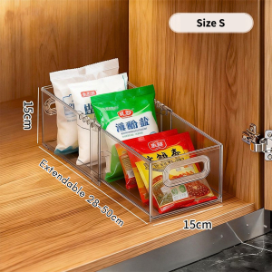 TerraFresh Crystal Clear Transparent Extendable drawer organizer box for kitchen storage holding bottled water tea boxes and other food items by TheHomeShoppe