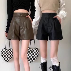 GOOTRADES Black High Waist Leather Shorts PU Baggy Elastic Waist Shorts Casual Streetwear Hot Woman Short Pants Summer