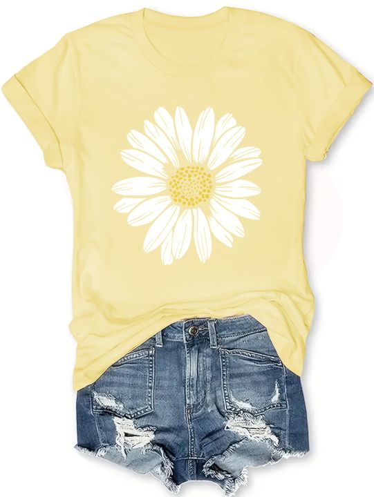 Women's%20Casual%20Daisy%20Flower%20Print%20T-Shirt%20-%20Soft%20Polyester%20Crew%20Neck%20Tee,%20Black%20with%20White%20Daisy%20Design,%20Short%20Sleeve,%20Perfect%20for%20Summer%20Outfits,%20Ladies%20T%20Shirts%20-%20Image%205