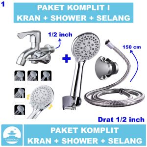Kran Shower Kamar Mandi Paket Komplit I Stainless Keran Air Engkol Cabang 2 Satu Set Selang Stenlis