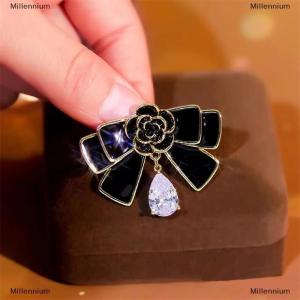 [COD] Millennium Camellia Bow Brooch Black Oil-drip Metal Mourning Corsage Pin French Elegant Bag Clothes Scarf Accessory Brooch Suit Pin Buttons