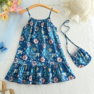 Menoea Baby Girl Summer Floral Dresses Fashion New Flower Printed Strap Dress with A Bag for Kids Girl Sweet Cute Clothing 3 4 5 6 7 Years Childrens Casual Wear