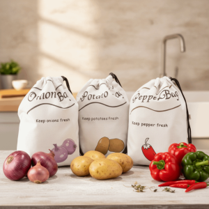 VOIDFARE Drawstring Design Onion Potatoes Storage Bag with Side Zipper Canvas Vegetable Storage Pouch Durable Breathable Vegetable Storage Bag Kitchen