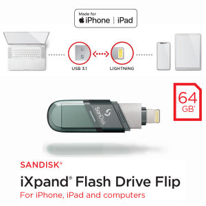 SanDisk iXpand Flash Drive Flip 64GB 2 in 1 Lightning and USB A 3.1 (SDIX90N-064G-GN6NE) OTG Flashdrive แฟลชไดร์ฟ 2 หัว สำหรับ iPhone iPad ไอโฟน ไอแพด รับประกัน Synnex 2 ปี