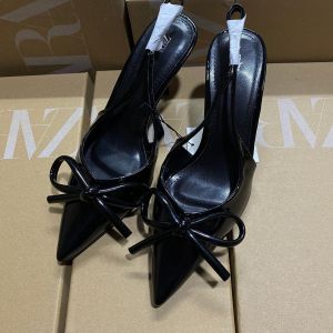 [Free Shipping] Summer burgundy pointed-toe backless high-heeled sandals for women patent leather bowknot stiletto heels elegant womens shoes for parties and commuting