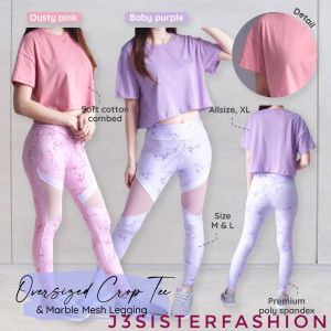BAJU OLAHRAGA oversize marble pink baby ungu setelan SENAM CROP SLEEVE legging baju zumba aerobic fitness gym dance salsa