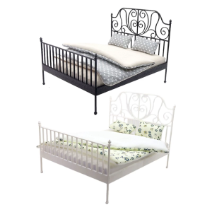European Country Styles Dollhouses Iron Double Bed with Detachable Bedding 1/12 Scale Miniature Display Furniture