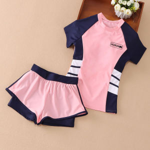 Girls Swimsuit Two-Piece Short Sleeve Sun Protection Big Kids Boxer Shorts Childrens Quick-Dry Two-Piece Student Swimsuit