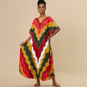 Bold Color Contrast Rainbow Kaftan Stunning Party Beach Cover Ups Holiday Resortwear Impressed Maxi Dresses Women Caftan Loose Fit Plus Size Long Dress