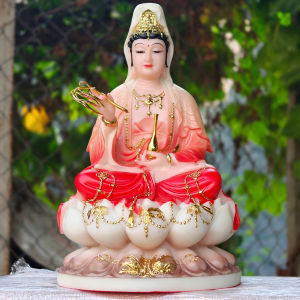 Tượng Quan Thế Âm Bồ Tát bằng đá cao cấp ngồi trên đài sen cao 30cm - Màu đỏ