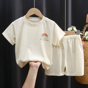 ชุดเสื้อผ้าฤดูร้อนสำหรับเด็ก (แขนสั้น + กางเกงขาสั้น) เสื้อผ้าเด็กชายและเด็กหญิง ผ้าไหมน้ำแข็งคุณภาพสูง